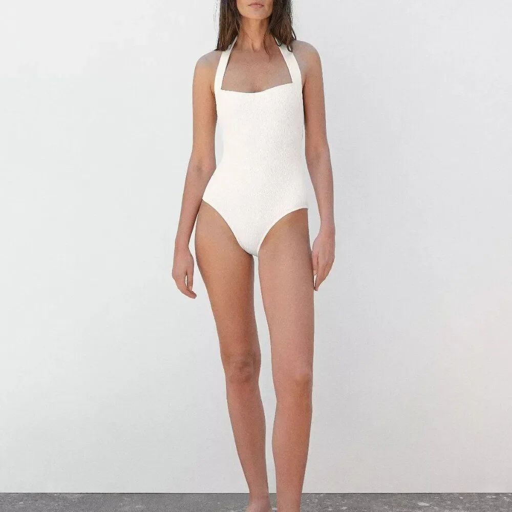 Massimo Dutti Women Swimsuit XS White Halter One Piece Open back 5123/555 NWT